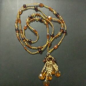 Vintage Amber Colored Long Beaded Fringe Dangle Statement Necklace